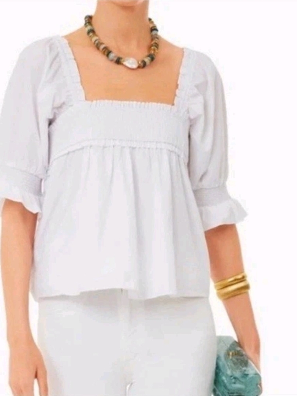 Women’s White Square-Neck Smocked Peasant Blouse